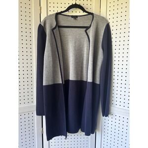 Talbots Sweater Women's M Gray Navy Blue Merino Wool Nylon Open Front Cardigan